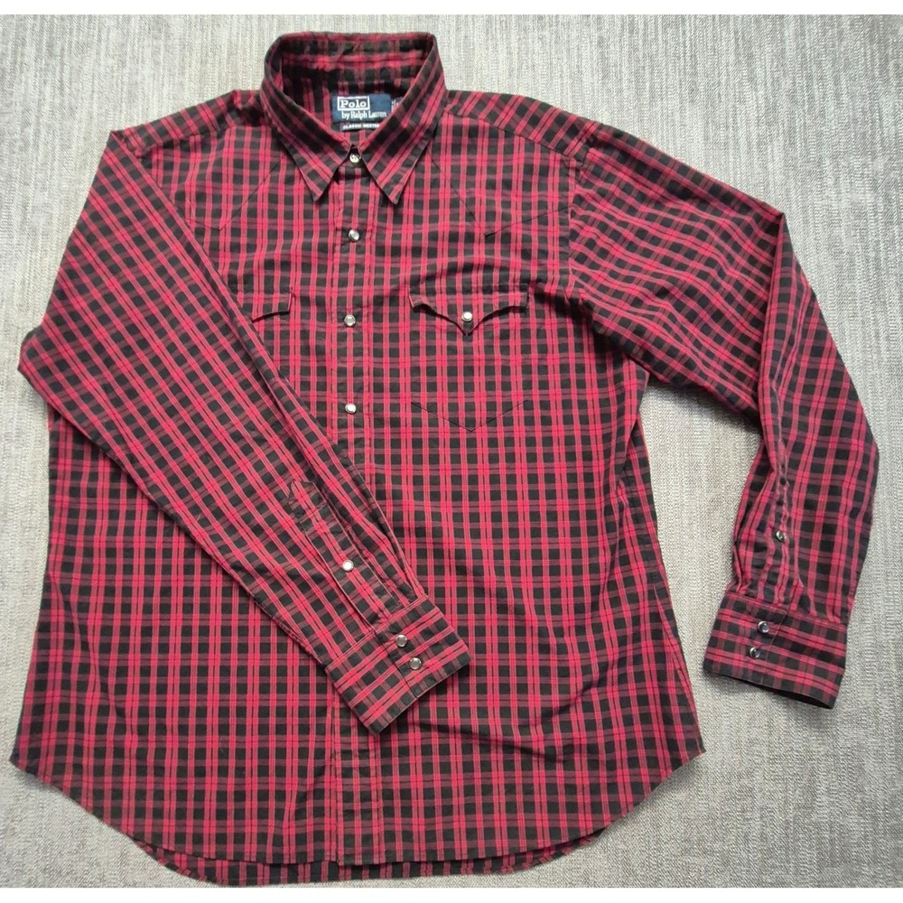 Vintage Polo Ralph Lauren Classic Western Pearl Snap Shirt Men L Red Black Plaid